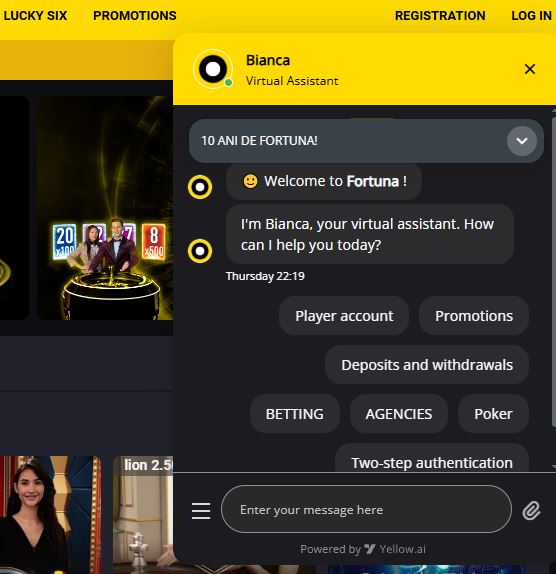 Chat with Fortuna virtual assistant Bianca for instant support